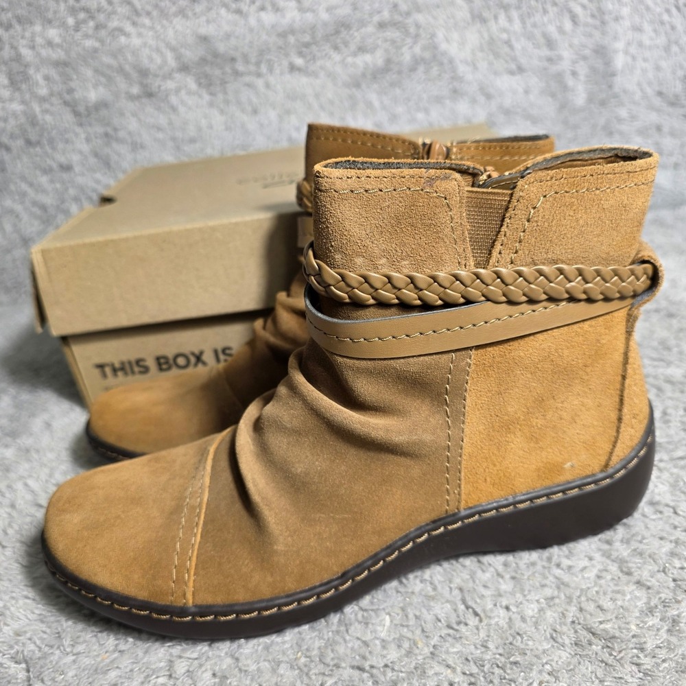 Clarks Cora Suede Braided Slouchy Leather Ankle Boots Booties Ortholite‎ 7M NEW